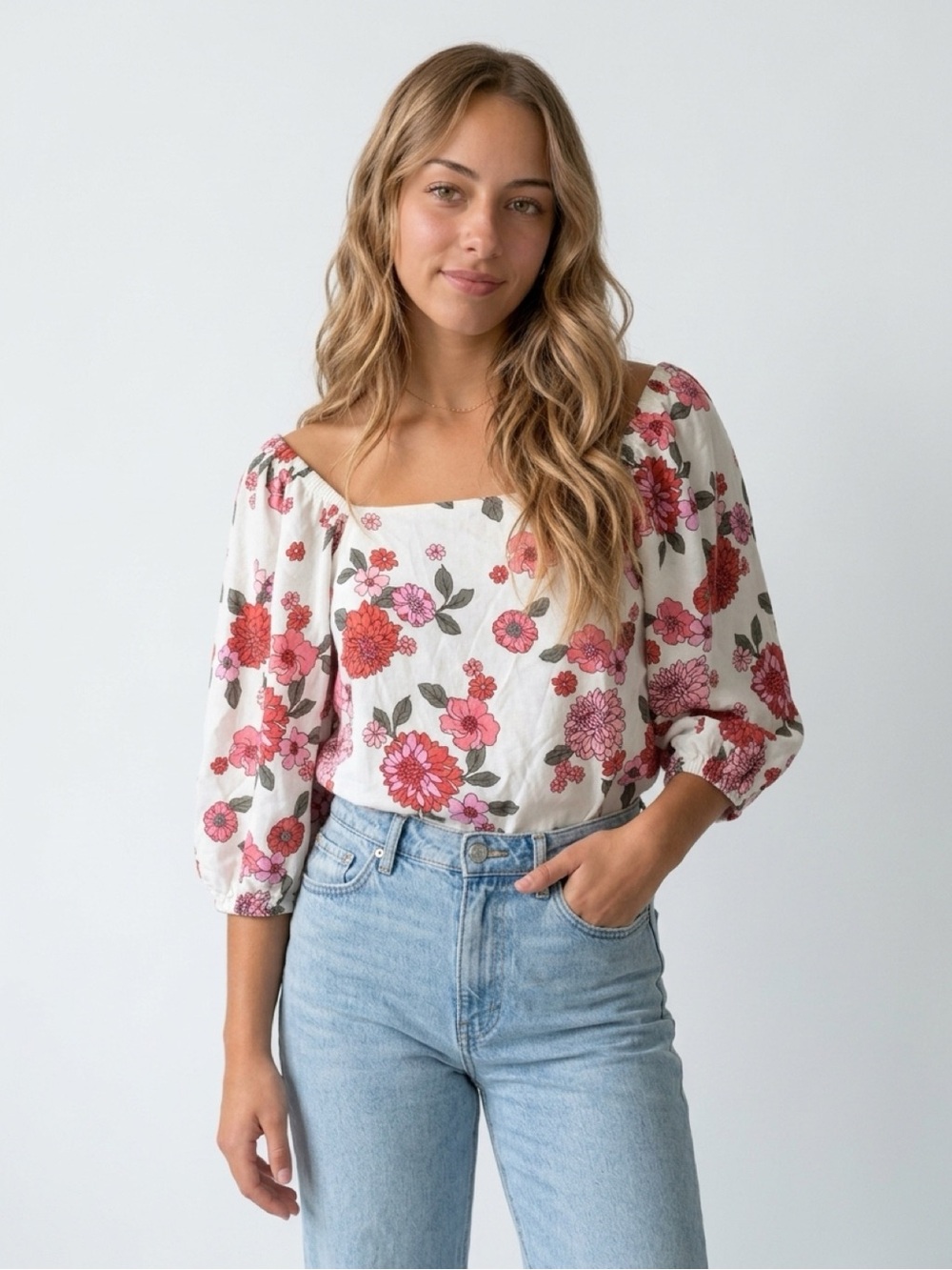 Candace Cameron Bure Off Shoulder/Puff Sleeve Floral Tunic - Pink & Red & Cream